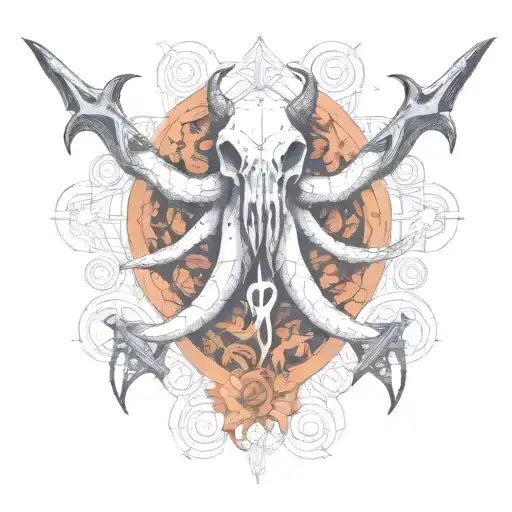 cow skull octopus head with knives. long horns long tentacles tattoo design idea