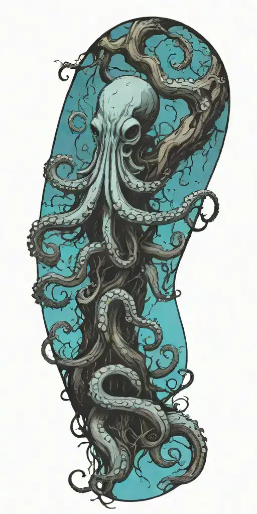 gothic octopus wrapped around a tree full of birds and wind tattoo design idea