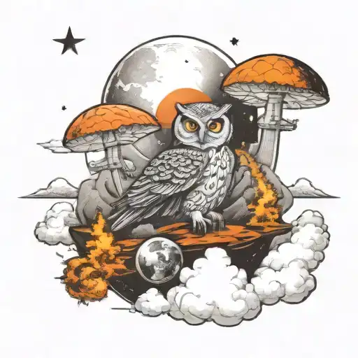 Owl sitting explosion. moon, stars, nuclear mushroom cloud background. world on fire tattoo design idea
