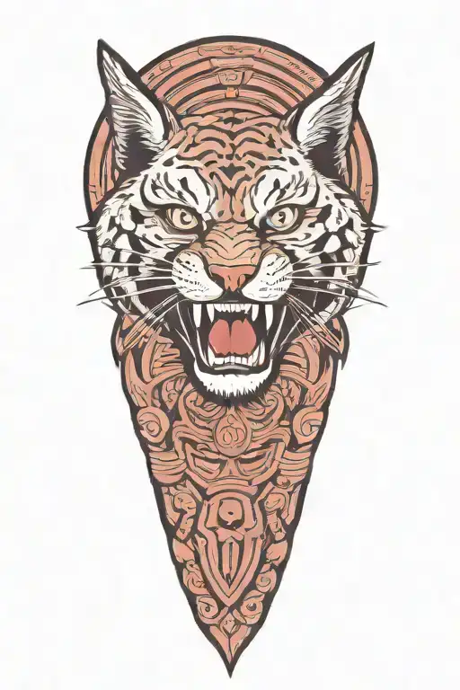 cartoon bobcat face. Wide black stripe down his face. lips tucked.teeth are out and showing with a large broken top fang tattoo design idea