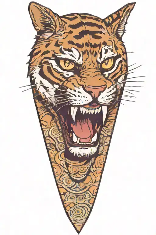 cartoon bobcat face. Wide black stripe down his face. lips tucked.teeth are out and showing with a large broken top fang tattoo design idea