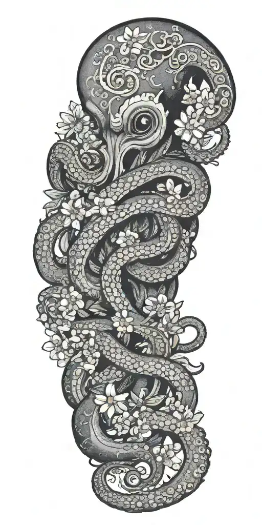 goth octopus wrapped around flowers and wind tattoo design idea