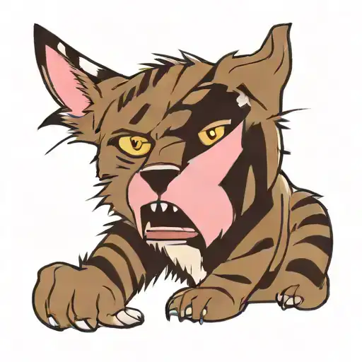 a childrens book character style junkyard cat. Just the head of the bobcat. His fur has neopolitan icecreAM STRIPES tattoo design idea