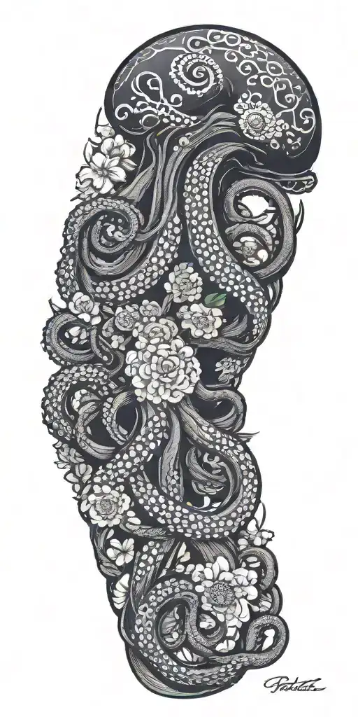goth octopus wrapped around flowers tattoo design idea