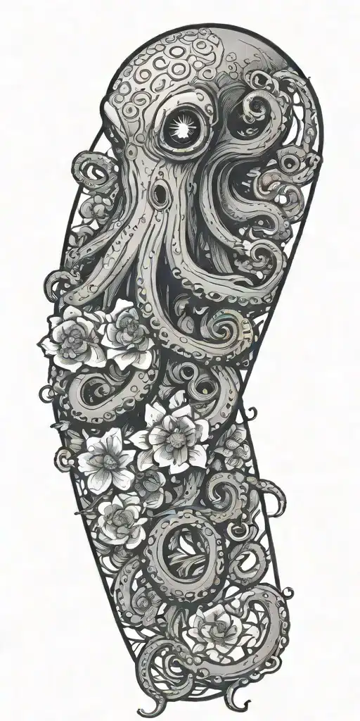 goth octopus wrapped around flowers tattoo design idea