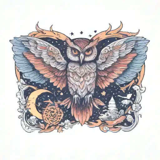 owl/ phoenix hybrid. stars, moon, sun rising. horns on head tattoo design idea