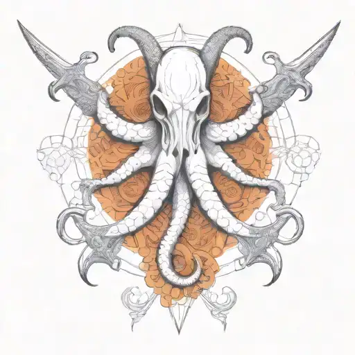 octopus with cow skull for head, carrying bladed weapons very long horns and longer tentacles tattoo design idea