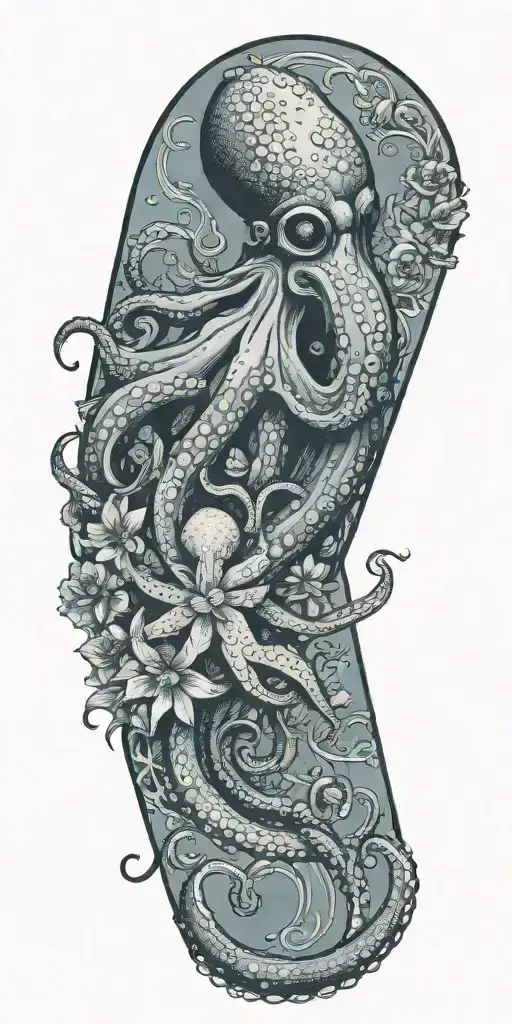 goth octopus wrapped around flowers and wind tattoo design idea