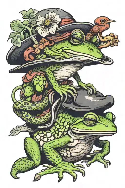 frog wearing a mushroom hater and the hat has a bird perched on it and the bird is wearing a real octopus as a backpack tattoo design idea