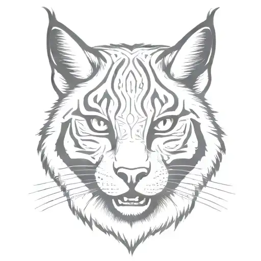 cartoon bobcat face. Wide black stripe down his face. teeth are out and showing with a large broken fang tattoo design idea