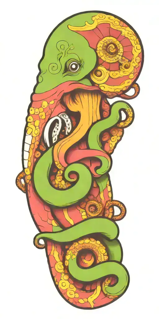 octopus with color patterns like smoking dmt morphs into elephant tattoo design idea