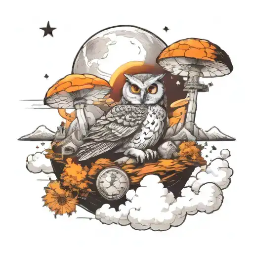 Owl sitting explosion. moon, stars, nuclear mushroom cloud background. world on fire tattoo design idea
