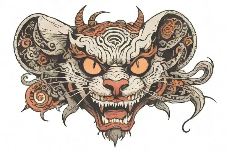 junkyard cat face. winking eye. smiling.. lips tucked.teeth are out and showing with a large broken top fang tattoo design idea