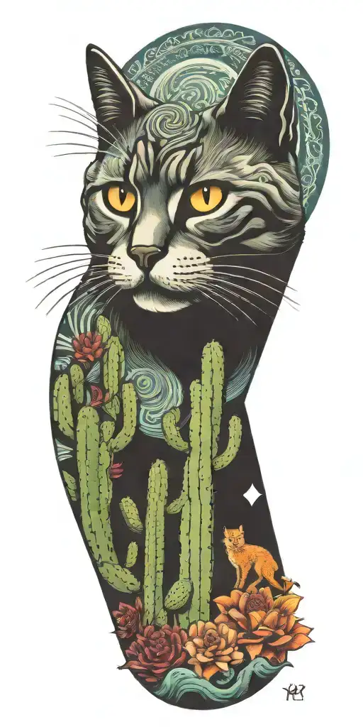 cat, tall cactus, acid wave, triangle fractals, waves energy, smoke snake tattoo design idea