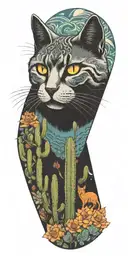 cat, tall cactus, acid wave triangle fractals tattoo design idea