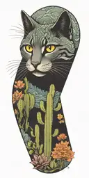 cat, tall cactus, acid wave triangle fractals tattoo design idea