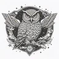 Owl sitting on explosion. moon, stars, nuclear mushroom cloud background. world on fire tattoo design idea