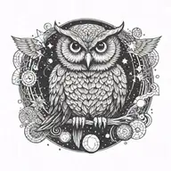 Owl sitting on explosion. moon, stars, nuclear mushroom cloud background. world on fire tattoo design idea
