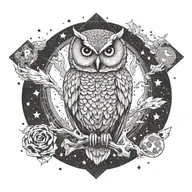 Owl sitting explosion. moon, stars, nuclear mushroom cloud background. world on fire tattoo design idea
