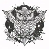 Owl sitting explosion. moon, stars, nuclear mushroom cloud background. world on fire tattoo design idea