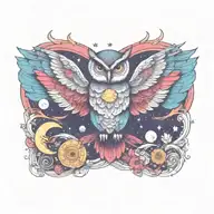 owl/ phoenix hybrid. stars, moon, sun rising. horns on head tattoo design idea