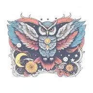 owl/ phoenix hybrid. stars, moon, sun rising. horns on head tattoo design idea