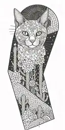 cat, tall cactus, acid wave triangle fractals tattoo design idea