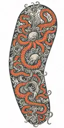 gothic octopus wrapped around a tree full of birds and wind blowing through fire tattoo design idea