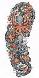 gothic octopus wrapped around a tree full of birds and wind blowing through fire tattoo design idea