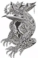 a frog with geometric patterns shading its face and a bird head dress flowing own his shoulders the feathers irriadiate tattoo design idea