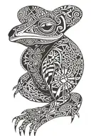a frog with geometric patterns shading its face and a bird head dress flowing own his shoulders the feathers irriadiate tattoo design idea