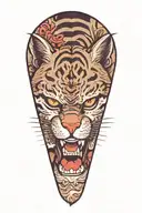 cartoon bobcat face. Wide black stripe down his face. lips tucked.teeth are out and showing with a large broken top fang tattoo design idea