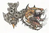 junkyard bobcat face. winking eye. smiling.. lips tucked.teeth are out and showing with a large broken top fang tattoo design idea