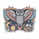 owl/ phoenix hybrid. stars, moon, sun rising. horns on head tattoo design idea