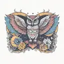 owl/ phoenix hybrid. stars, moon, sun rising. horns on head tattoo design idea