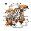 Owl sitting explosion. moon, stars, nuclear mushroom cloud background. world on fire tattoo design idea