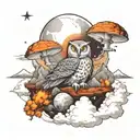 Owl sitting explosion. moon, stars, nuclear mushroom cloud background. world on fire tattoo design idea
