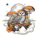 Owl sitting explosion. moon, stars, nuclear mushroom cloud background. world on fire tattoo design idea