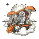 Owl sitting explosion. moon, stars, nuclear mushroom cloud background. world on fire tattoo design idea