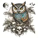 Owl sitting on skull. moon and stars in background. iridescent feathers  tattoo design idea