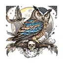 Owl sitting on skull. moon and stars in background. iridescent feathers  tattoo design idea
