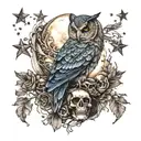 Owl sitting on skull. moon and stars in background. iridescent feathers  tattoo design idea