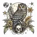 Owl sitting on skull. moon and stars in background. iridescent feathers  tattoo design idea