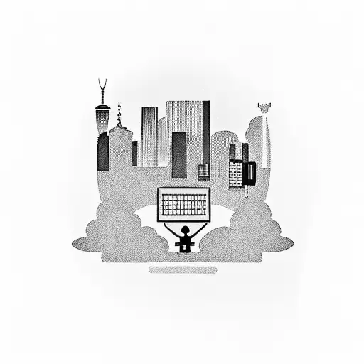 A tattoo of a control room operator sitting in front of a computer screen with a skyline of Tokyo and New York City in the background tattoo design idea