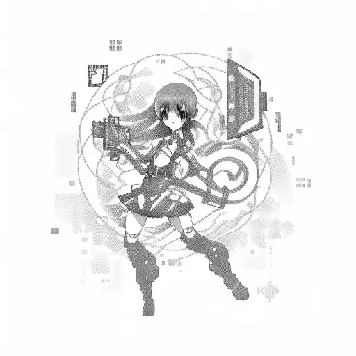 A tattoo of a pixelated anime character surrounded by music notes tattoo design idea