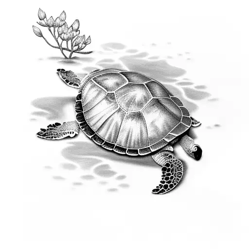 A black and grey sea turtle emerging from a bed of lilies of the valley tattoo design idea