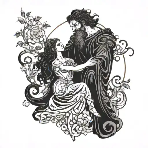 hades holding persephone posing together tattoo design idea