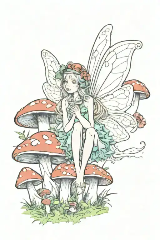 fairy and mushrooms  tattoo design idea