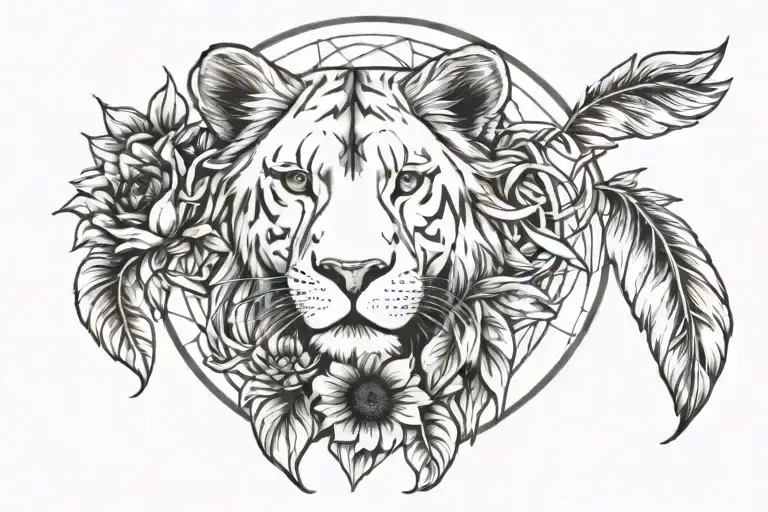 Lioness dreamcatcher sunflower tattoo design idea