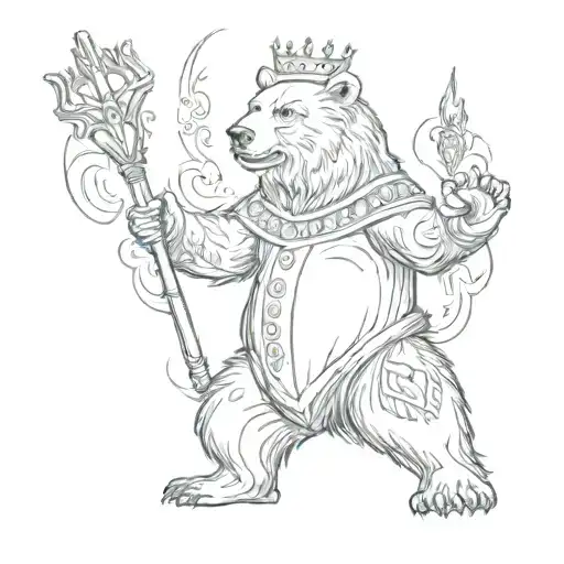 A sketch of a bear standing on its hind legs, wearing a crown and holding a scepter, symbolizing power and authority in nature tattoo design idea